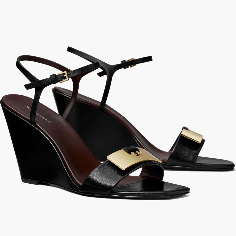 NEW Tory Burch Gigi Ankle Strap Wedge in Perfect Black / Gold